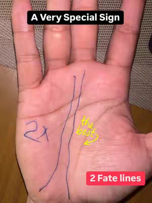 A close-up of a hand, palm facing upward, displaying palmistry markings. Overlay text indicates it's about a 'Very Special Sign.' Markings include two distinct lines, with additional handwritten notes and arrows.