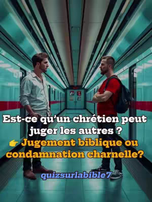 A cover image featuring two men standing in what appears to be a subway car, facing each other. Overlaid text poses a question about Christian judgment, with a subtitle that contrasts biblical judgment with condemnation. The background is a long, teal tunnel with parallel lines.