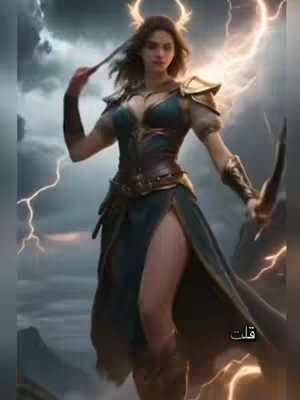 A fantasy-style image depicts a woman in a warrior-esque outfit, with a flowing dark green dress and a brown corset accentuated by golden shoulder pads. She's holding a wand and a bow. She has long brown hair, and a crown-like structure above her head. Lightning illuminates the background. The overall composition is dramatic and action-oriented.