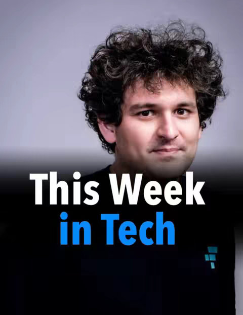 The cover image features a light-skinned man with curly dark hair. He is positioned close to the camera, with his head and shoulders visible against a solid, light gray background. He is wearing a black crew-neck shirt. The text overlay "This Week in Tech" appears in white and blue, positioned below his face and above the bottom of the frame. A logo in the lower right corner.