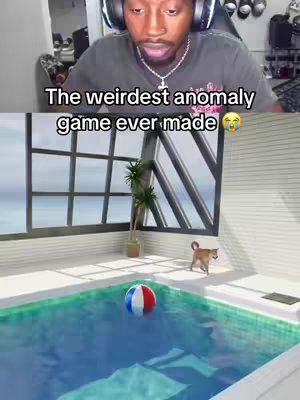 The cover image is split in two. The top half shows a man wearing headphones and looking intently at the camera. Below, a scene from a game shows a pool with a beach ball, and a dog walking along the side.