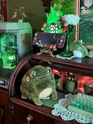 The image is a cozy interior scene. A large frog plush toy sits prominently on a dark wooden surface. The background includes a cabinet or desk with a gaming handheld, vase of flowers, and other decorative items. The lighting is warm and inviting.