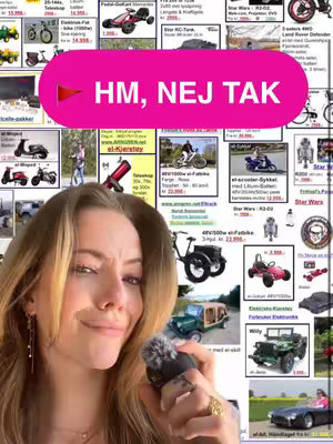 A woman is holding a microphone, smiling with a background of images mostly about vehicles like bikes set against a white background, and has a pink oval with text on top of it that says "HM, NEJ TAK".