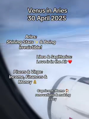 The cover image shows a view from inside an airplane, looking out at the sky and clouds. Text overlays provide astrological information.