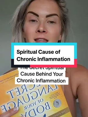 A woman with fair skin and blonde hair is holding a book in front of her. A text overlay in a rectangular box is in front of her that contains the words 'Spiritual Cause of Chronic Inflammation…'. The woman has a neutral expression on her face.