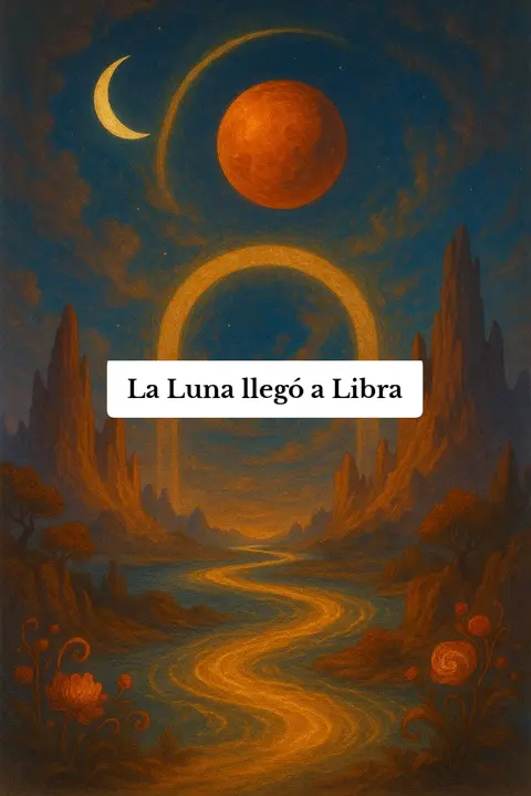 An artistic image, possibly a painting, featuring a surreal landscape under a dark, starlit sky transitioning into a warm, orange glow. The scene is dominated by celestial bodies: a crescent moon towards the top left and a large, orange-red sphere, representing the moon, near the center. Below the moon is a large ring shape. The landscape consists of silhouetted rock formations or mountains leading towards a winding river, all bathed in the warm hues of an orange sunset. Overlaid on this scene is a white rectangular text box with the words "La Luna llegó a Libra" in black text.