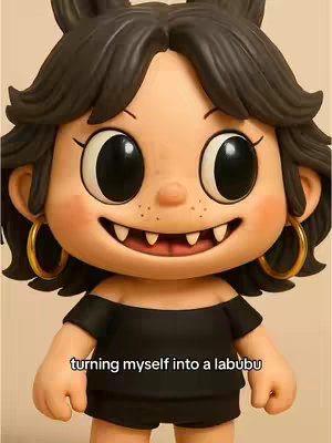 The cover image shows a close-up of a Labubu art figure with large black eyes, pointy ears, a smiling mouth revealing pointed teeth, and a black off-shoulder dress. Below the figure's mouth, the text overlay reads, 'turning myself into a labubu'.