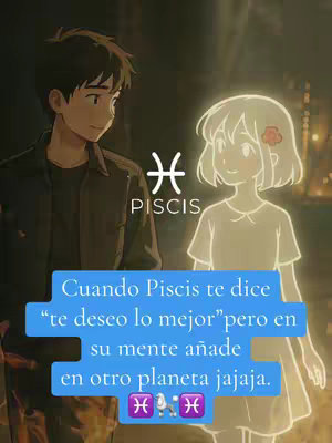 An anime-style illustration depicts a male character in a dark jacket looking toward a glowing, transparent female character. A light blue rectangle at the bottom contains white text. Above, a Pisces zodiac symbol is visible.