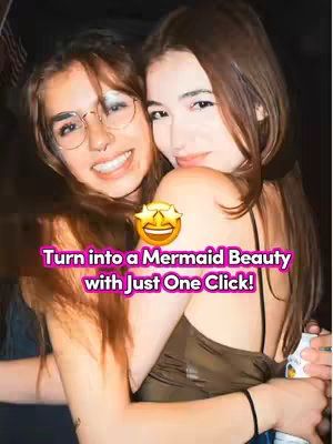 Two young women are embracing, smiling, and looking at the camera. The image is slightly grainy and appears to be taken in a candid style, with a slightly warm color palette. A text overlay indicates the video promotes an AI mermaid filter.