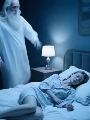 A bedroom interior. A woman is lying in a bed with a nightstand and lamp next to it. An elderly person with a long white beard dressed in white is standing over her.