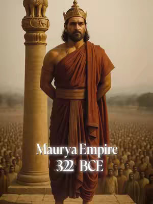 The image features a man in traditional Indian attire standing in front of a large pillar and a crowd of people. The man is wearing a gold crown and draped in dark red fabric. Text overlay indicates this represents Mauryan Empire from 322 BCE.
