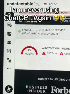 The image shows a laptop screen displaying a website or application related to AI text detection and humanization. The interface has a red bar indicating that text is only 1% human. A text overlay reads: 'I am never using ChatGPT Again,' placed at the top, adding an emotional reaction of the creator.