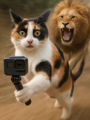 A whimsical image depicts a calico cat holding a GoPro camera, with a blurred background of a lion chasing after it. The cat appears to be filming itself, conveying humor and adventure.