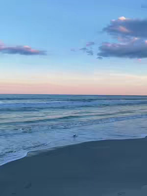 An atmospheric shot of a beach at dusk. The sky transitions from a soft blue at the top to a warm pink and orange at the horizon. Gentle waves roll onto the sandy shore. The foreground shows the dark, wet sand, while the horizon offers a serene coastal view.