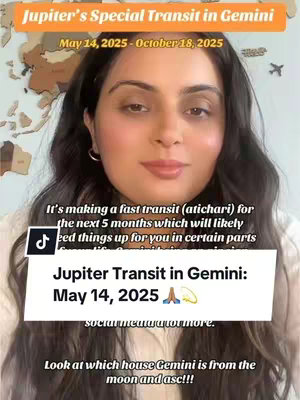 A woman is centered in the frame, with text overlays and graphics providing information on Jupiter's transit in Gemini, accompanied by a blurred background. She has dark hair and is looking forward into the camera. There are various text overlays. The composition includes a map in the background.