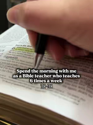 A close-up shot shows a hand holding a pen and writing on an open Bible. The highlighted text and the pen's position indicate active study, with a text overlay at the bottom.