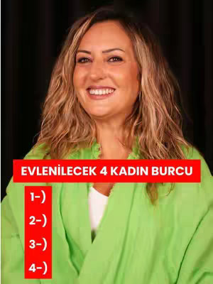 A woman with long, wavy blonde hair smiles widely at the camera, wearing a bright green outfit. A red banner at the top of the image contains the text 'EVLENILECEK 4 KADIN BURCU' with a numbered list below. The background is a plain black.