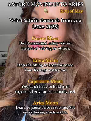 The cover image features a close-up of a woman with long, wavy brown hair. Text overlays are present, including the title 'SATURN MOVING INTO ARIES' and various astrological insights about Saturn's influence on different Moon signs. The woman's face occupies most of the frame, with her upper body visible. She has fair skin, and her expression is neutral. The background is slightly blurred with a soft focus.