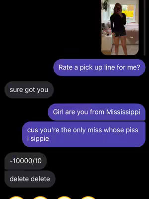 The image shows a phone screen displaying a text conversation. Two main bubbles contain the pickup line inquiry and its brutal rating. A smaller image in the top right corner shows the possible originator of the request, a young woman in a dark long-sleeved top and shorts, standing in a room.