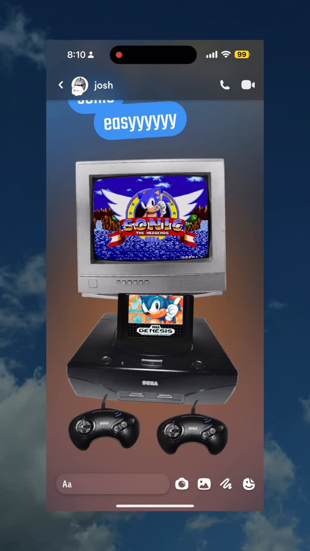The image shows a simulation of a messaging app interface with a sky background. The main element is a simulated chat between the user 'Josh' and another person. The chat displays a retro video game setup featuring a Sega Genesis console, controllers, and a CRT television displaying the game Sonic the Hedgehog. Overlaid on the image are the messages.