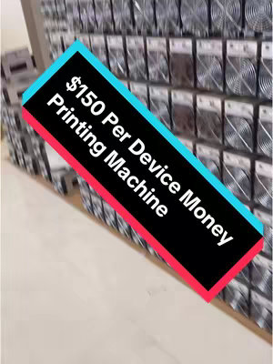 The image shows a shelf filled with cryptocurrency mining hardware. A colorful text overlay highlights a deal.