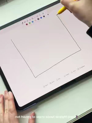 The image shows a person drawing a square on a tablet with a yellow stylus. The tablet is on a white table. On the tablet screen, there are drawing tools on display at the top, and the image text indicates the video is about automated straight lines