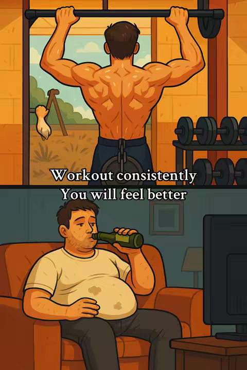 An illustrated split scene. The top half depicts a muscular man from the back, doing a pull-up on a bar with gym equipment in the background. The bottom half shows a man with a beer in his hand, sitting on a couch in a room with a TV.