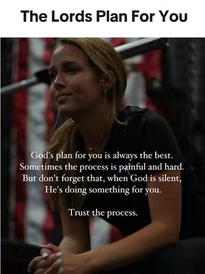 A young woman is seated indoors, looking slightly off-camera with a contemplative expression. The background is blurred, featuring tones of red and white. Text overlays are positioned on the image, presenting an inspirational quote.