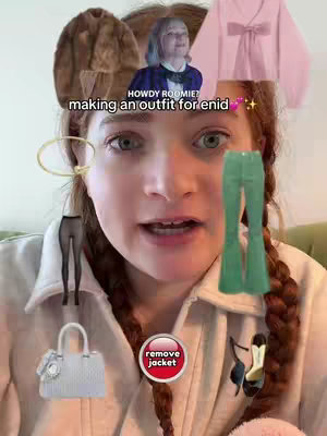 A young woman with red hair in pigtails is smiling towards the screen, with outfit items laid out as if she were creating an outfit for Enid from the Wednesday show. The outfit items include a furry earmuff, a pink cardigan with tie, green pants, black tights, a handbag and shoes The colors are bright, clean and the layout is fun and visually engaging.