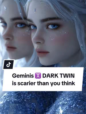 The cover image is a composite featuring two mirrored portraits of a woman with pale skin and light blue eyes. She has light blue hair and is wearing a dark blue sequined top. Text overlays read "Geminis DARK TWIN is scarier than you think." The overall aesthetic is cool-toned and fantasy-like.