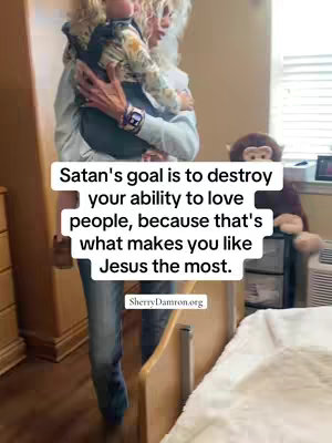 A woman in a blue denim and white top is holding a child in a baby carrier. The image has a quote overlay in a white box in the center. Behind them is a room with a bed, a stuffed animal, and dresser.