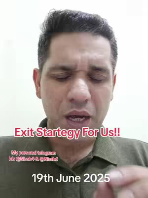 A man in a green shirt looks towards the camera in a selfie, his mouth open as if he is speaking. Overlayed on the image are text elements in pink including the text "Exit Startegy For Us!!", along with Telegram IDs and the date "19th June 2025". There is a white background.