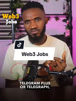 A man in a light-colored shirt sits in front of a backdrop. A yellow bar with the words "Web3 Jobs" is in the upper left, and a TikTok logo is centered in the frame. Another white bar displays "Web3 Jobs", with text overlay on the bottom, and microphone to the lower left. The background includes plants and liquor bottles.