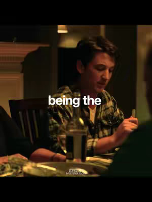 A scene from the movie "Whiplash" showing a man at a table, wearing a plaid shirt. Hook text in white is overlaid on the image.