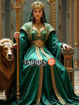 The image features a woman dressed as a queen, seated on a royal throne with a lion-like creature next to her. She wears a crown, elaborate green gown with gold accents, and holds a scepter. The background suggests a palatial setting with golden pillars and details.