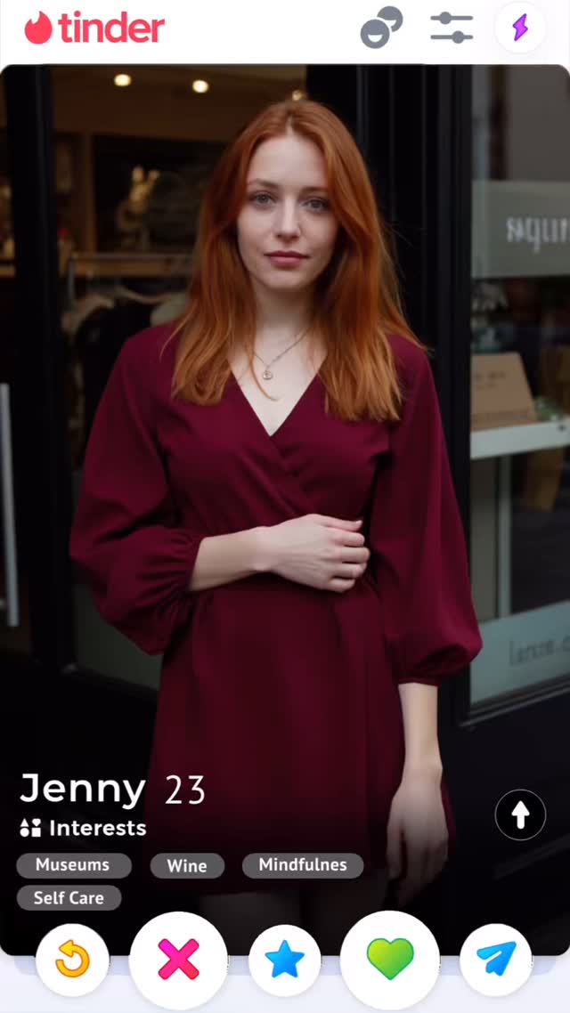 The cover image shows a Tinder profile displayed on a smartphone. A woman with long red hair, wearing a burgundy dress poses in front of a blurred background. The profile text indicates her name is Jenny, age 23, and lists her interests as Museums, Wine, Mindfulness, and Self Care. The Tinder interface buttons are visible at the bottom.