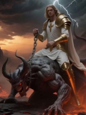 An epic, digitally painted scene depicting Archangel Michael, a blonde man in white robes and golden armor, riding a demonic creature. The creature has dark grey skin, horns, and red eyes. The background features a stormy sky with a lightning bolt, mountains, and a battlefield with fire.