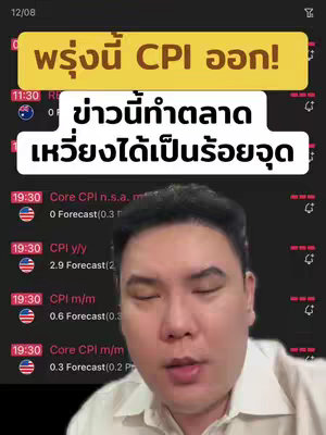 The cover image features a man with short hair looking towards the viewer. Overlaid on the screen are text boxes with white text on a black background, displaying financial data. At the top, a yellow background with dark text informs viewers of an upcoming CPI release.
