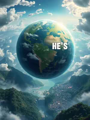 The image shows a digitally rendered depiction of Earth floating in the sky, framed by clouds and mountains. The Earth is in the center, showcasing the continents and oceans with a bright light shining from behind. Below the Earth, a mountain range and a cityscape are visible. Text saying 'HE'S' in white letters is overlaid on part of the Earth.