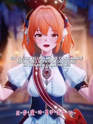An anime-style character with orange hair and large eyes is centered in the frame. The character is wearing a white and blue outfit with a red ribbon-like accessory. Text overlays are displayed above and below the character's image.