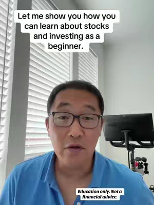 A man in glasses and a blue shirt speaks into a camera. Text overlays above him read, 'Let me show you how you can learn about stocks and investing as a beginner.' Below him, a smaller text overlay states 'Education only. Not a financial advice.' The background suggests a home office environment.
