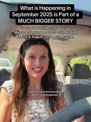 A woman is sitting in the driver's seat of a car, smiling at the camera. Overlayed text explains an astrological timeline. The background shows a sunny outdoor scene through the car window.