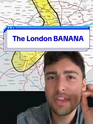 A man is in the foreground, with a map of London behind him. The map is detailed with various colored lines and areas, possibly showing transport routes. A text box overlay displays the title 'The London BANANA.' The man is positioned slightly off-center.