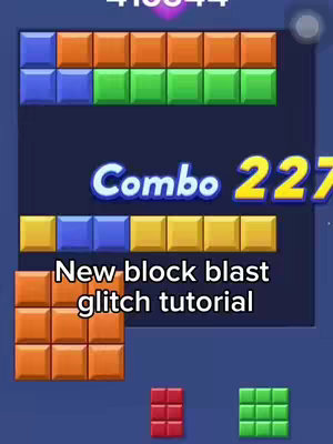 The cover image shows a mobile game screen, likely a block-matching puzzle. Colorful blocks of varying sizes and arrangements fill the screen. At the top, a score is displayed. In text overlays, phrases 'Combo 227' and 'New block blast glitch tutorial'.