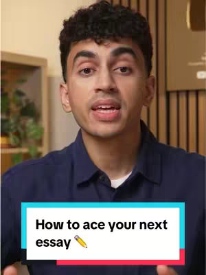 A young man with short, curly dark hair is in front of a blurred-out background. He’s looking directly at the camera and speaking. Below him, a rectangular text box hovers with the phrase "How to ace your next essay," and an emoji.