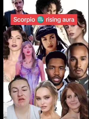 The image is a collage featuring multiple faces of both male and female celebrities, presented on a white background. The collage is arranged with the faces of selected celebrities presented as a focus alongside the photo of the content creator. A red banner with white text, 'Scorpio rising aura', is placed at the top, alongside a Scorpio zodiac symbol. The overall composition is organized creating a visual with many different celebrities and the content creator.