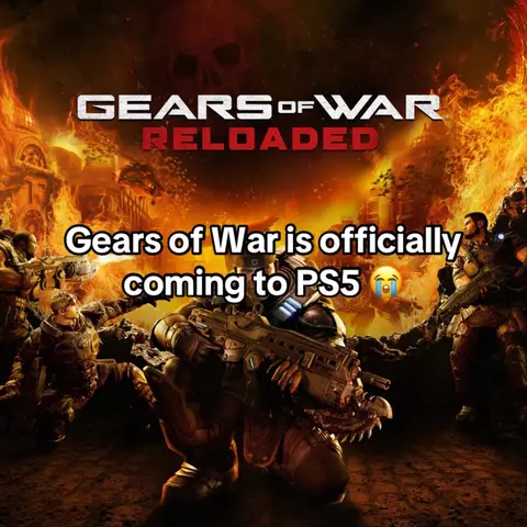 The cover image features the Gears of War Reloaded logo with a vibrant background depicting a fiery war scene. Text overlays inform the viewer that "Gears of War is officially coming to PS5" with a crying emoji. Various soldiers are positioned across the image, indicating action. The composition is dynamic, using bold colors and imagery to convey the action game.