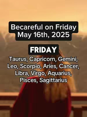 The image shows a woman from the shoulders up against a blurred outdoor backdrop, possibly near a body of water. The image features text overlays on a black rectangle, with the headline 'Becareful on Friday, May 16th, 2025' at the top. Listed below are the zodiac signs: Taurus, Capricorn, Gemini, Leo, Scorpio, Aries, Cancer, Libra, Virgo, Aquarius, Pisces, and Sagittarius. The overall aesthetic is clean, with a slight golden sunlight.