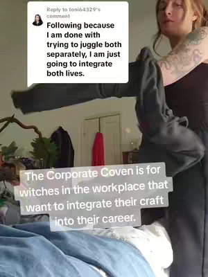 The cover image shows a woman in a dark top with a tattoo on her arm, holding a hoodie. Behind her, a room with a bed, closet, and a comment box stating the initial comment of another user. At the bottom, a white rectangle with the caption: "The Corporate Coven is for witches in the workplace that want to integrate their craft into their career."