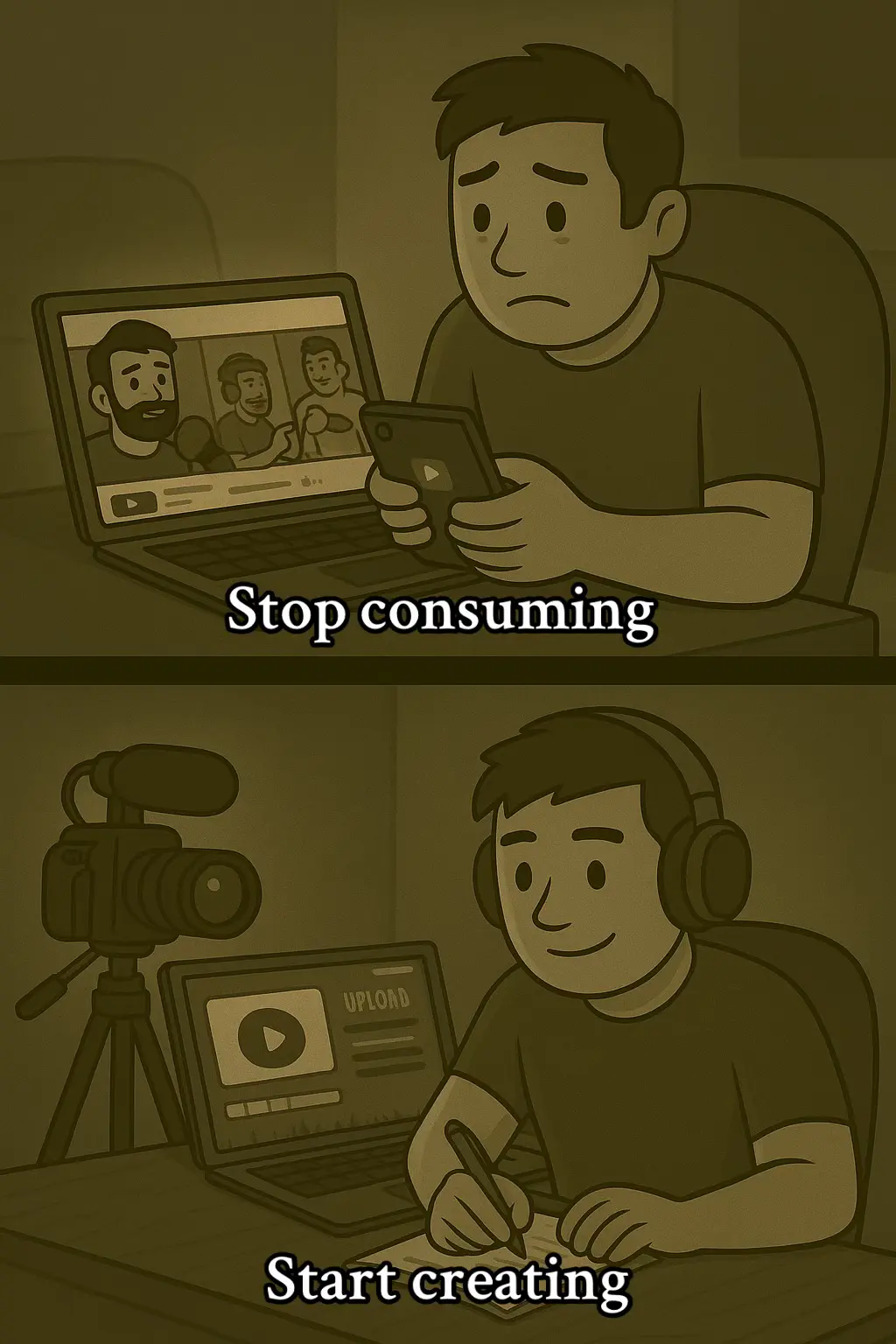 The image is a two-panel cartoon in sepia tones. The top panel shows a man looking at a phone next to a laptop, with the text 'Stop consuming' overlayed. The bottom panel presents the same man smiling and writing, next to a laptop and video camera, with the text 'Start creating' above.